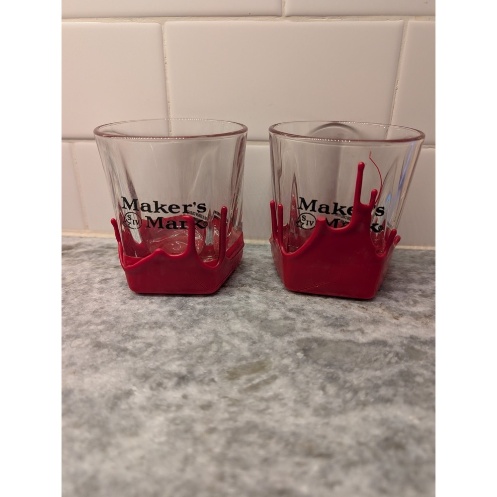 Maker's Mark Set Of 2 Red Dripped Wax Glasses